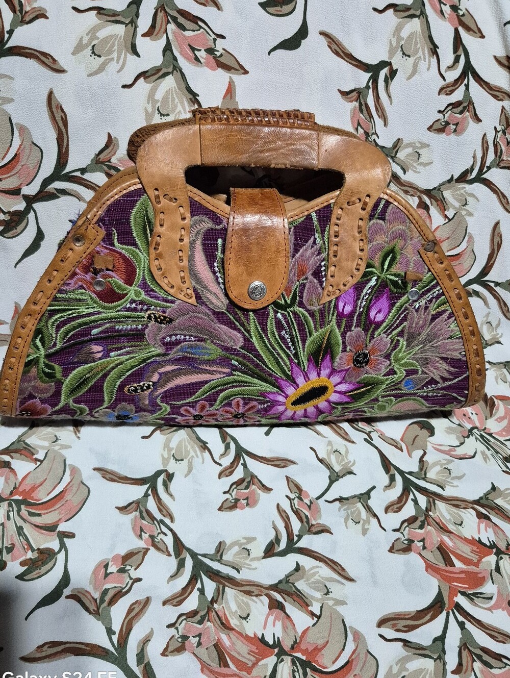 Handcrafted Floral Embroidered Purple & Tan Leather Tote